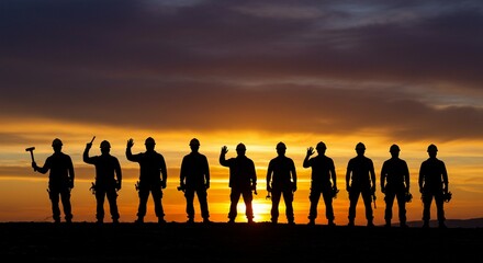 Silhouette of a diverse group of workers standing in a line on a hill with sunset sky