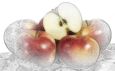 Sliced some apples are displayed on a wooden board.
whole one sits nearby.
