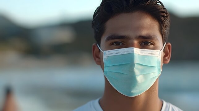 Closeup Portrait Young Man Wearing Protective Face Mask Outdoors