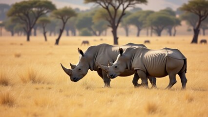 Fototapeta premium Two Rhinos Grazing In The African Savannah