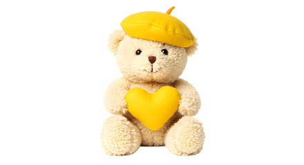 Adorable Teddy Bear with Yellow Beret and Heart: Cute Plush Toy Image transparent background