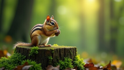 Obraz premium Chipmunk Eating Nut On Forest Stump