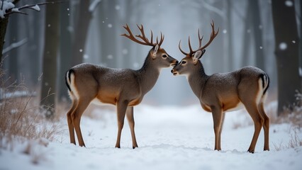 Fototapeta premium Two Deer Standing In Winter Forest