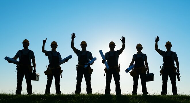 Silhouette of male and female construction workers in casual workwear and hard hats, standing in a grassy area with a vibrant blue sky