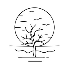 tree silhouette at sunset icon, tree silhouette at sunset line art - simple line art of tree silhouette at sunset, perfect for tree silhouette at sunset logos and icons