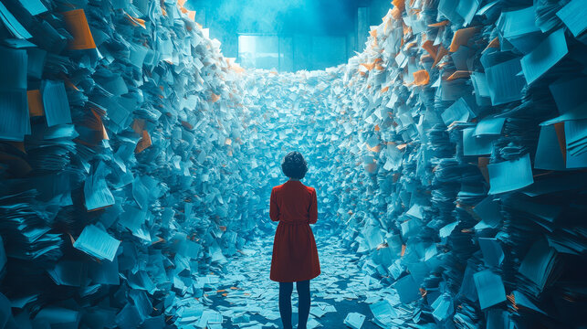 Woman in Red Dress Surrounded by Towering Piles of Papers Transitioning to Digital, Conveying Modern Paperless Efficiency and Eco-friendly Document Management