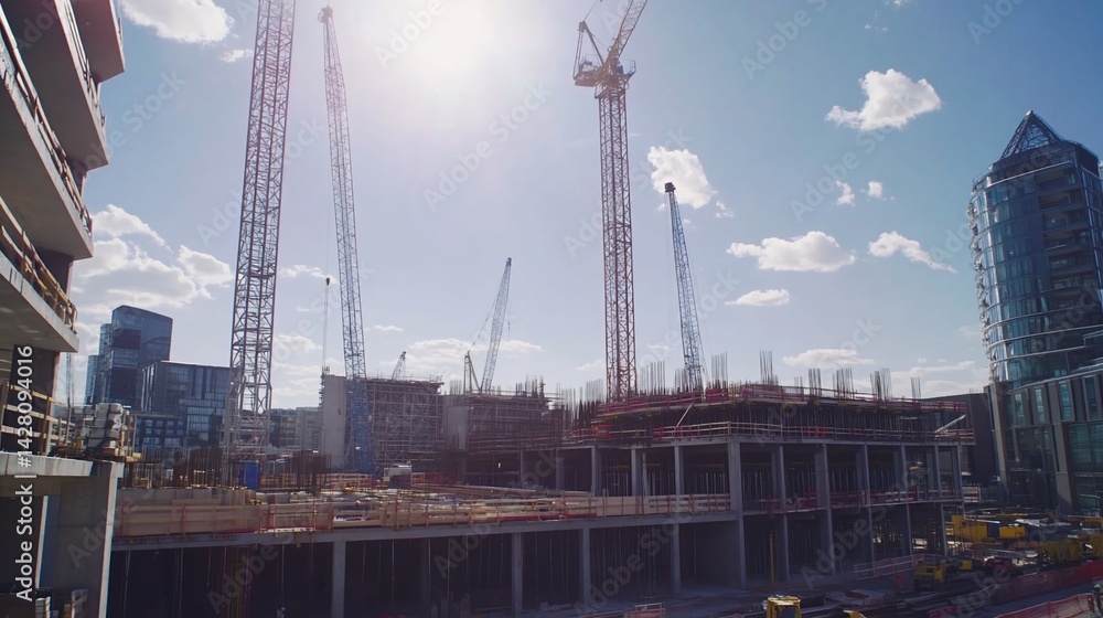 Poster construction site with multiple cranes and unfinished building structures under the sunny sky