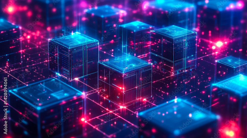 Poster futuristic data center with container orchestration platforms and kubernetes clusters in a vibrant a