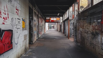 Fototapeta premium Long, narrow, urban corridor; walls covered in colorful graffiti, and an open end revealing the outside