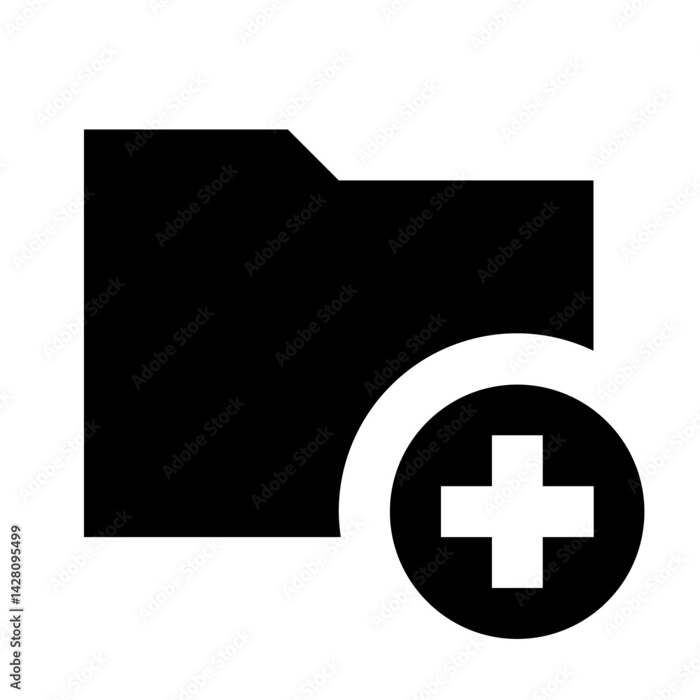 Poster black folder icon with a plus sign inside a circle indicating add new folder functionality design