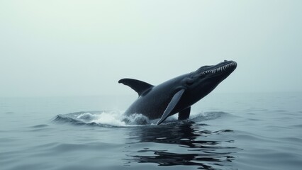 Fototapeta premium Humpback Whale Breaching On Foggy Morning