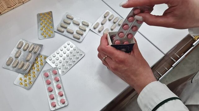 Closeup female pharmacist hands sorting blister packs of pills into a box. Diverse drugs on the table, various colors capsules and tablets. Organization and healthcare professionalism concept