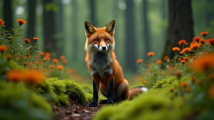 Red Fox Portrait In Forest Landscape