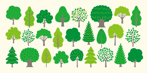 Set of illustrations of various types of trees