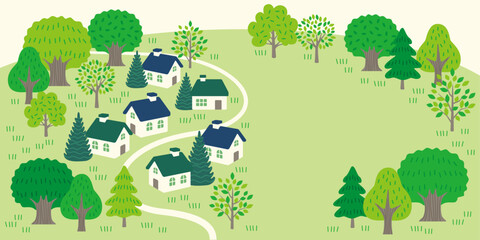 Cute house and fresh green hill scenery