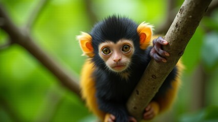 Obraz premium Cute Golden-Handed Tamarin Monkey Portrait In Tree