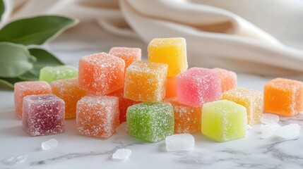 Colorful Sugar Coated Fruit Gummies on a Marble Surface