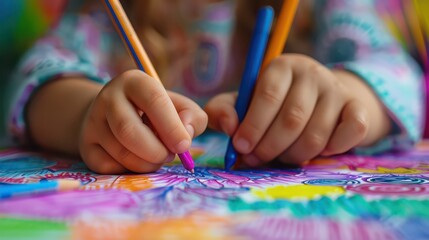 Fototapeta premium Close-up of a childâ€™s hands coloring with crayons