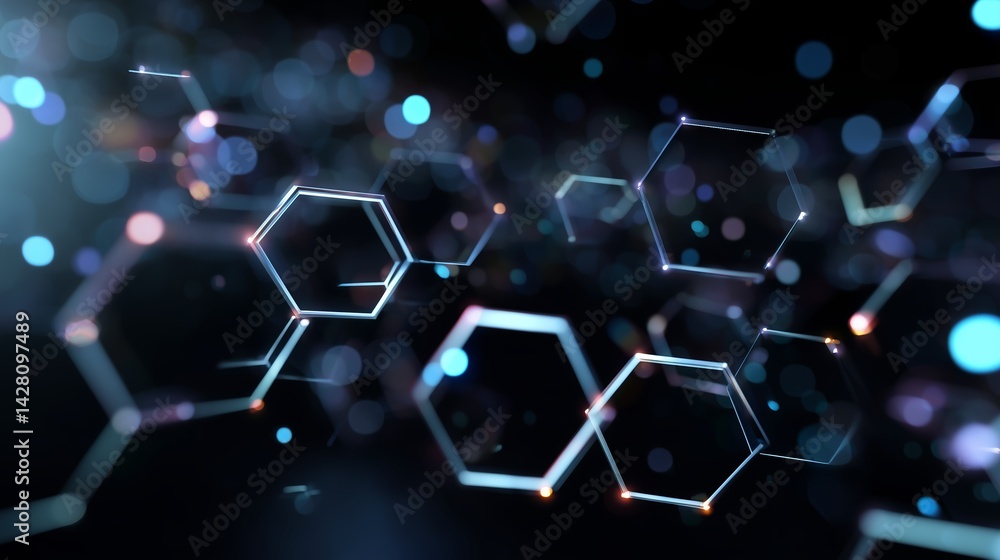 Poster Hexagonal structures with glowing elements create an abstract digital background