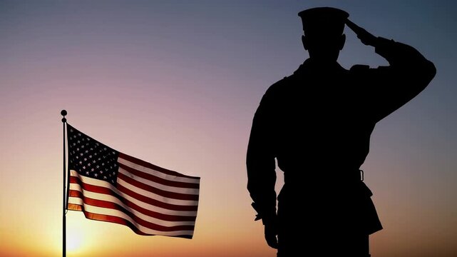 Silhouetted against a vibrant sunset, an american soldier stands at attention, saluting the us flag, embodying the spirit of veterans day, memorial day, and independence day
