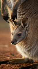 Fototapeta premium Joey Peeking from Pouch Close-Up Portrait