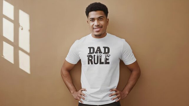 Celebrate Fathers Day with a man wearing a white T-shirt that says Dad Rules on it, a perfect image for the special occasion.