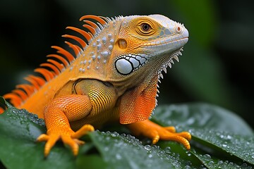 Fototapeta premium Orange Iguana Portrait on Green Leaf with Water Droplets