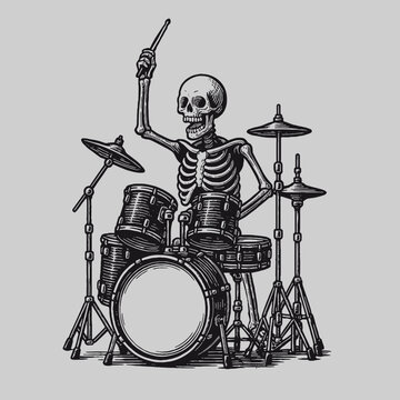 skeleton playing drums style engraving hand drawn vector