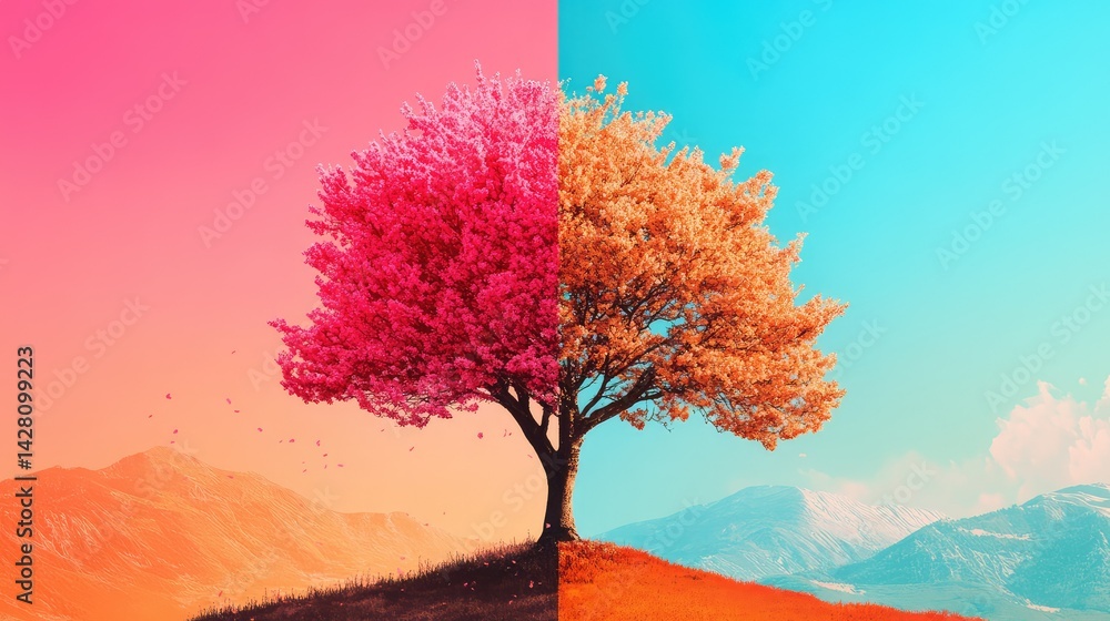 Aufkleber old-school digital tree in pixel format centered on two-tone split screen background