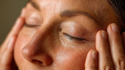 Obraz premium Close-up of woman's face with closed eyes and hands on forehead