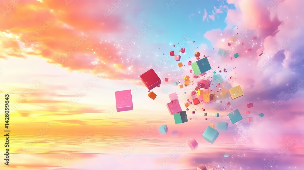 Poster pastel-themed abstract composition with floating cubes in dynamic perspective