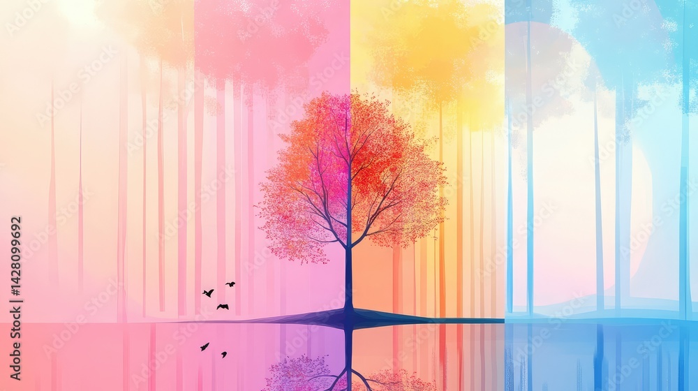 Poster pixel art tree in center, with contrasting background split vertically in warm and cool tones