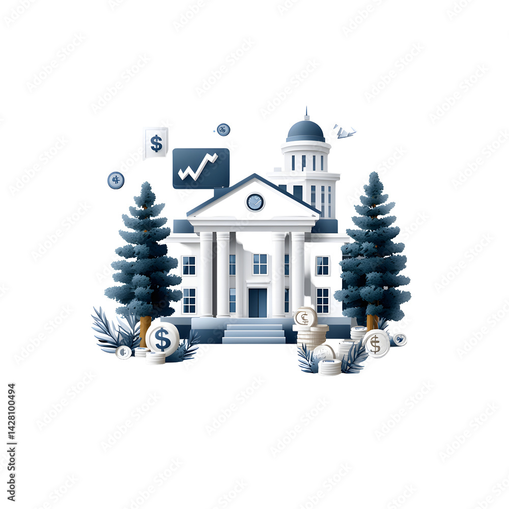 Poster a grand government building surrounded by trees with financial data and growth charts symbolizing th