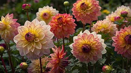 Beautiful dahlias in full bloom displaying delicate pink yellow and orange hues