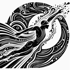 Fototapeta premium Abstract swimming art featuring a swimmer in motion with flowing waves and dynamic lines
