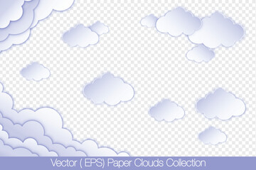 Vector set of purple paper clouds and paper cloudscape isolated on transparent background, (EPS) Paper craft illustrations for holiday decorating, party invitations and cards