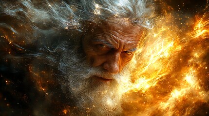 Obraz premium Man with White Beard Surrounded by Fire and Light Energy