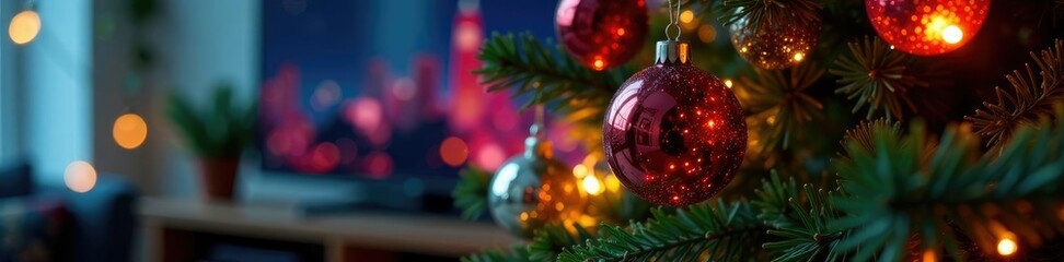 Obraz premium Decorated TV Christmas tree with multicolored ornaments and fairy lights, electronics, metallic, Christmas