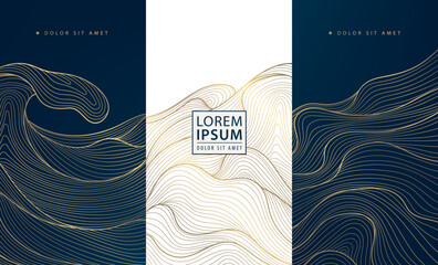 Vector set of gold wave background design, abstract luxury line art templates. Wine premium art deco package, chocolate, menu patterns, fancy vip graphic