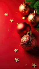 Decorative Christmas ornaments on red background, gold stars, Christmas balls and stars, festive