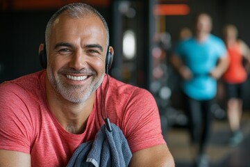 Fototapeta premium A retired man in the gym uses a water bottle, and concentrates on his fitness and exercise, while contemplating his training, and the importance of sports, retirement, and maintaining an active
