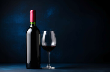 dark blue background copy space with A bottle of wine without text free space for text and greetings