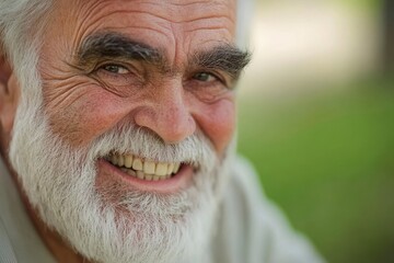 A detailed view of an older man's mouth showcases the complex details of his teeth and beard, embodying character and a life well-lived