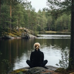 Fototapeta premium Woman Meditating by Serene Lake Surrounded by Lush Green Forest in Tranquil Nature Setting