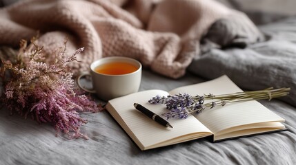 Flat lay of open journal with a pen beside a cup of tea and a lavender sprig soft colors, quiet emotion, modern self-care look.