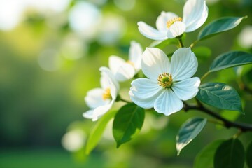 Fototapeta premium Dogwood tree with white flowers and foliage in full bloom, scenery, tree, branch
