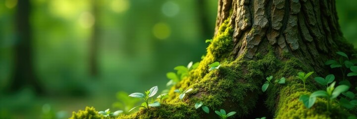 Obraz premium Foliage with moss and lichen on a weathered tree trunk, nature, vegetation