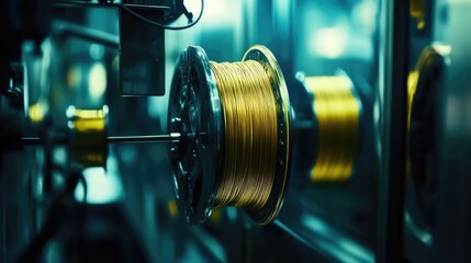 Naklejka premium Industrial thread bobbins set up in a braiding machine for electrical sheath
