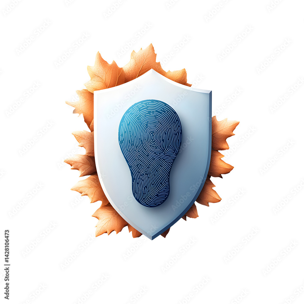 Poster digital security and identity protection represented by a shield icon with a fingerprint graphic sym