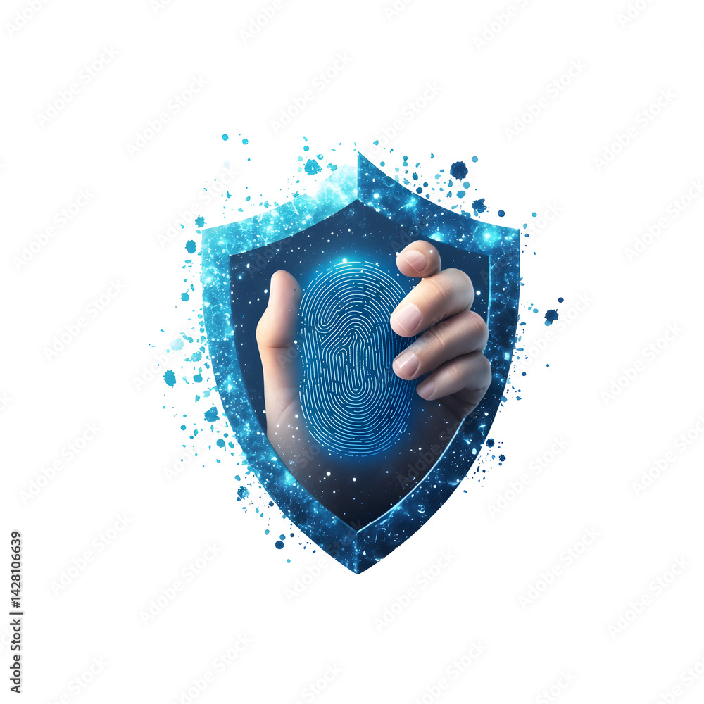 Poster a digital shield icon symbolizing cybersecurity network defense and data privacy protection against 